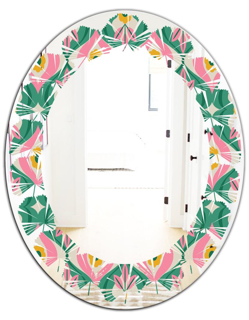 DesignQ Retro Pattern With Flowers And Leaves - Modern Round Or Oval Wall Mirror - Leaves