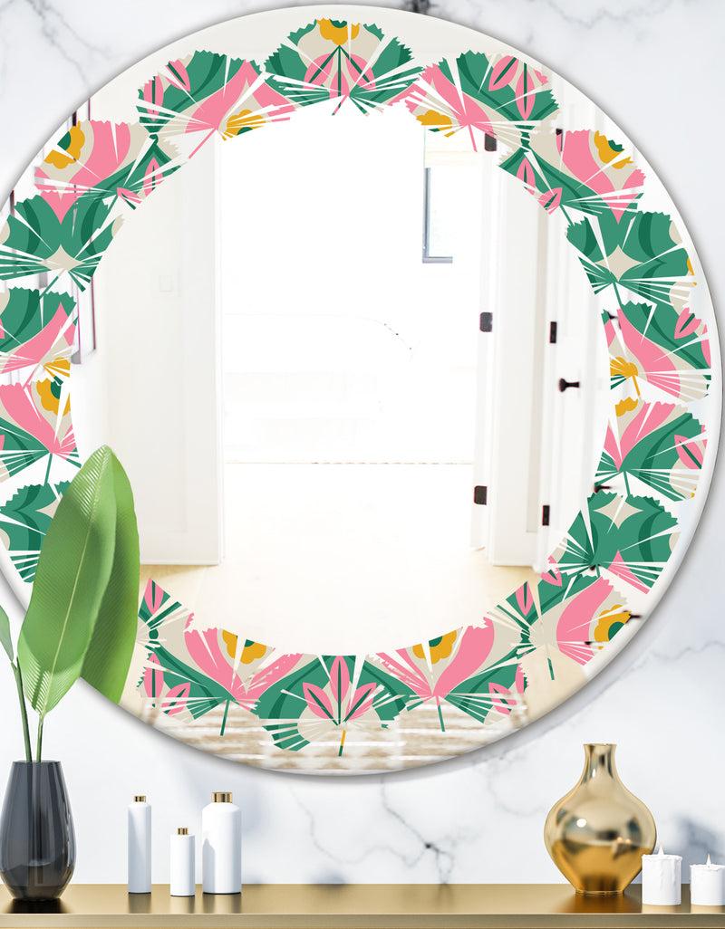 DesignQ retro pattern with flowers and leaves - Modern Round or Oval Wall Mirror - Leaves