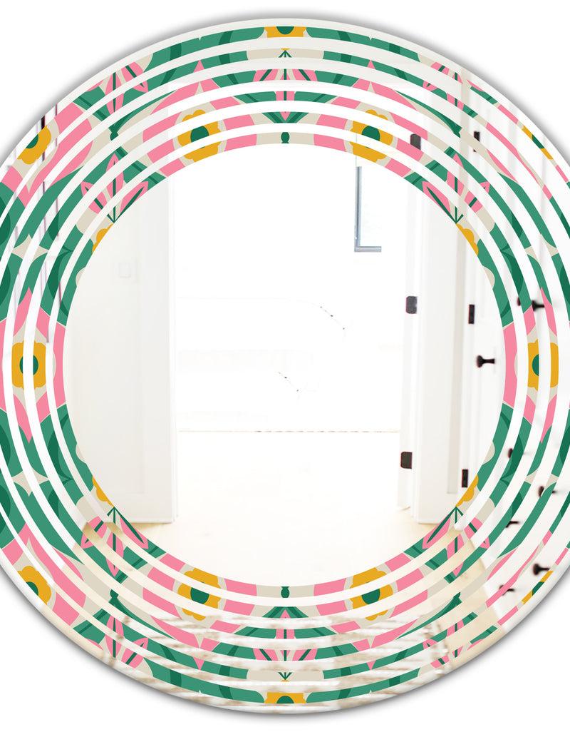 DesignQ Retro Pattern With Flowers And Leaves - Modern Round Or Oval Wall Mirror - Wave