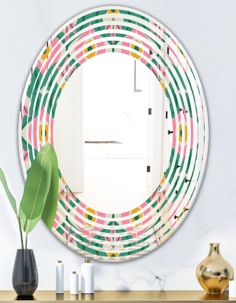 DesignQ Retro Pattern With Flowers And Leaves - Modern Round Or Oval Wall Mirror - Wave