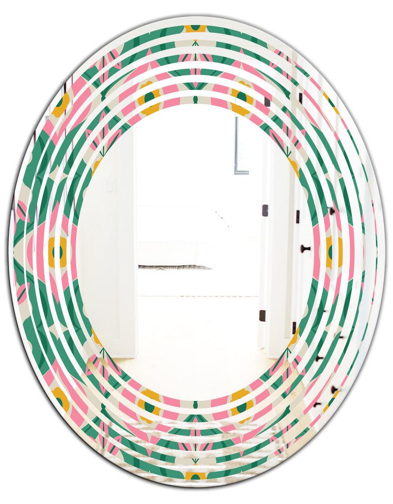 DesignQ Retro Pattern With Flowers And Leaves - Modern Round Or Oval Wall Mirror - Wave