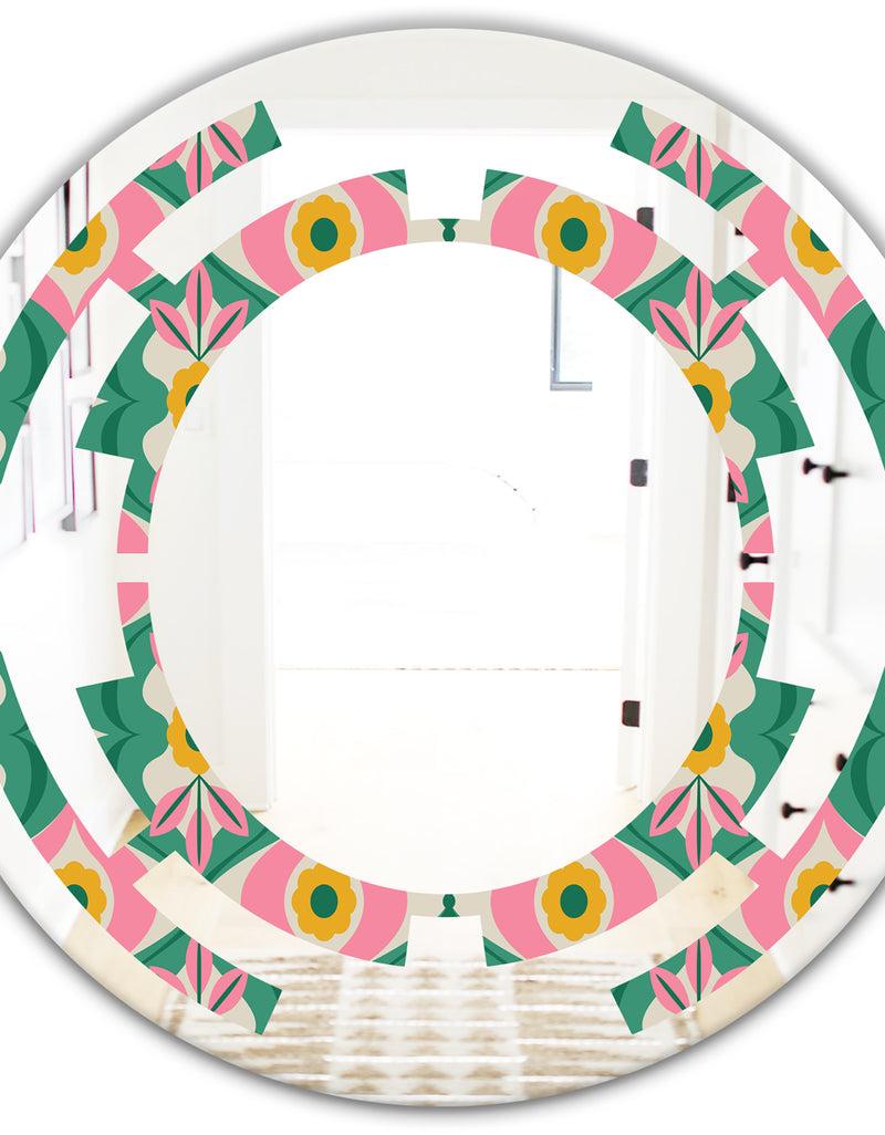 DesignQ Retro Pattern With Flowers And Leaves - Modern Round Or Oval Wall Mirror - Space