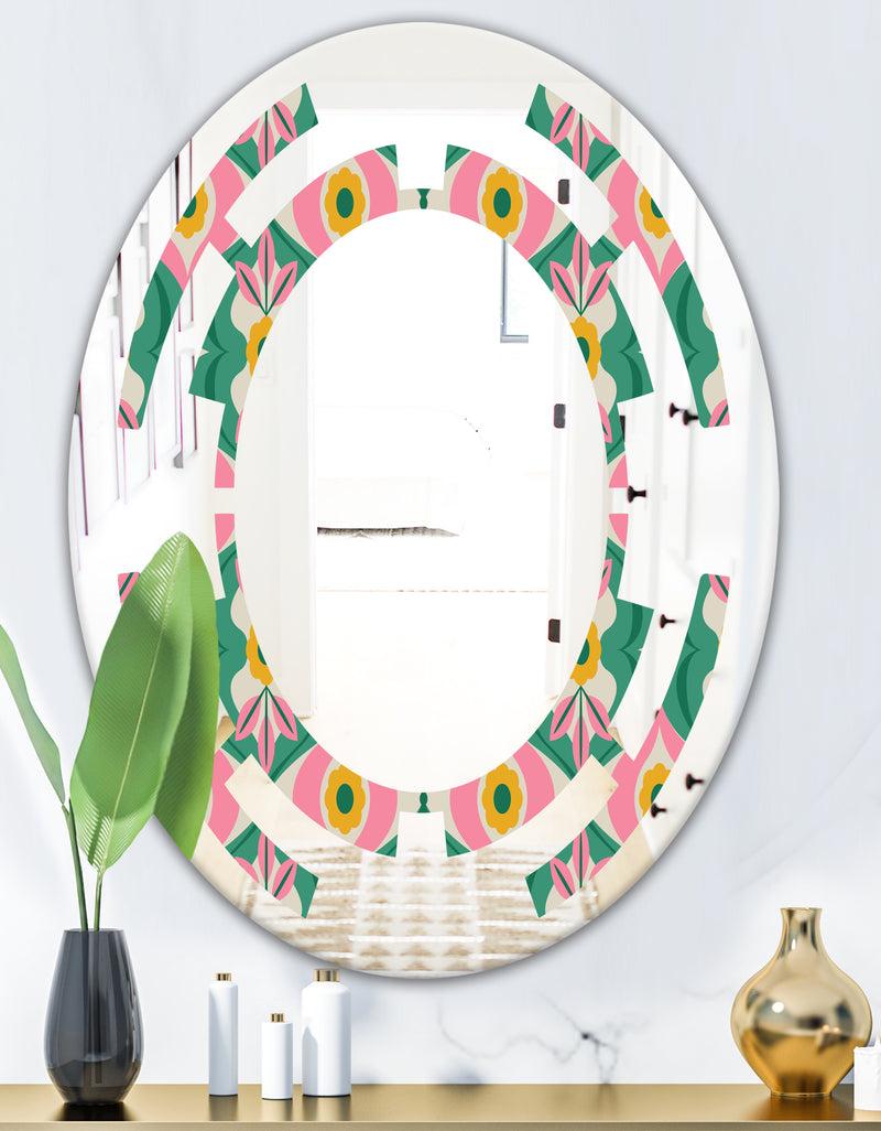 DesignQ Retro Pattern With Flowers And Leaves - Modern Round Or Oval Wall Mirror - Space
