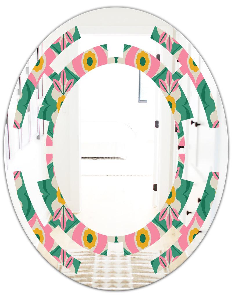 DesignQ Retro Pattern With Flowers And Leaves - Modern Round Or Oval Wall Mirror - Space