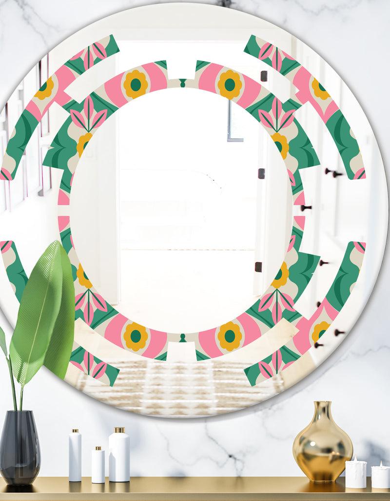 DesignQ retro pattern with flowers and leaves - Modern Round or Oval Wall Mirror - Space
