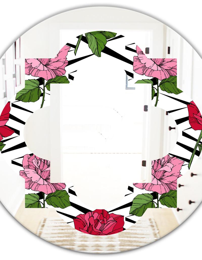 DesignQ Retro Pink And Red Roses - Cottage Round Or Oval Wall Mirror - Quatrefoil