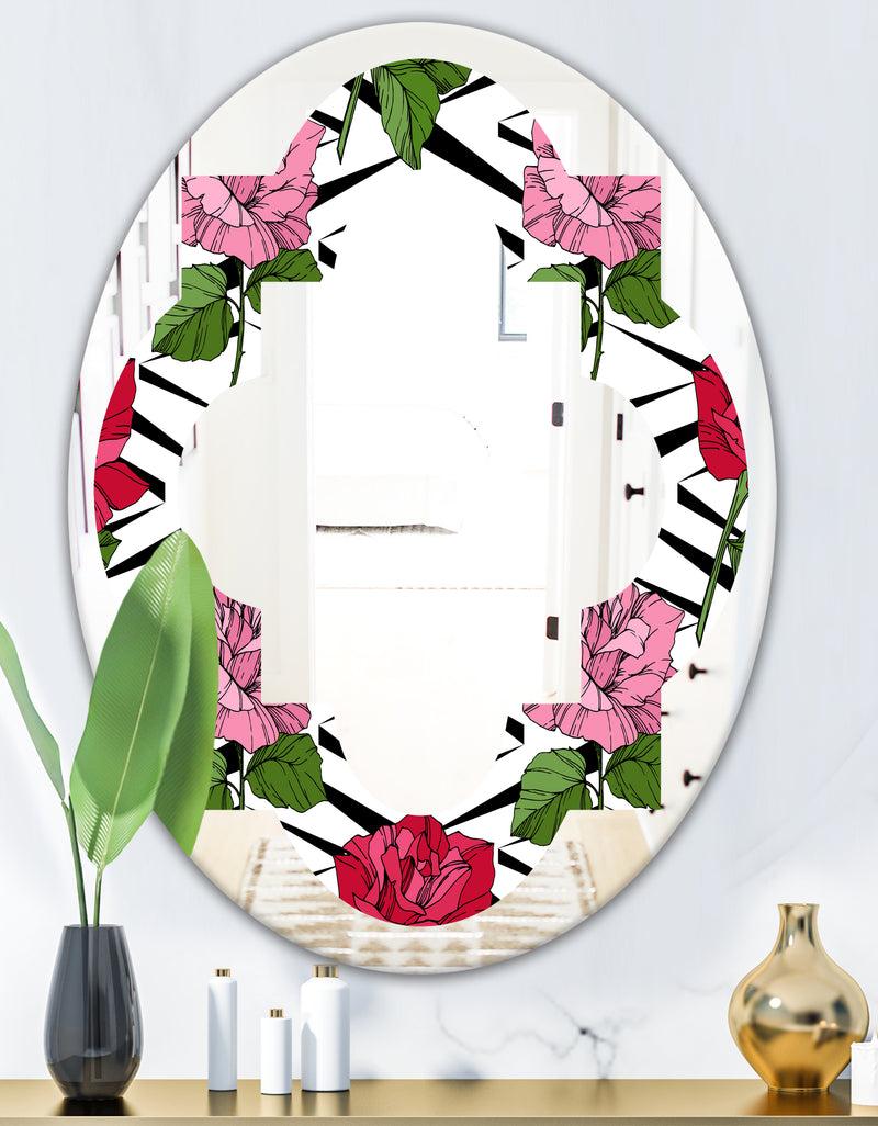 DesignQ Retro Pink And Red Roses - Cottage Round Or Oval Wall Mirror - Quatrefoil