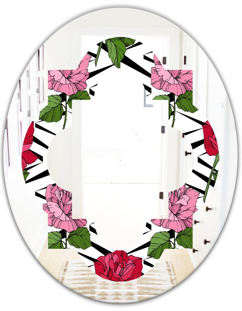DesignQ Retro Pink And Red Roses - Cottage Round Or Oval Wall Mirror - Quatrefoil