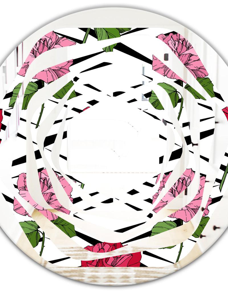 DesignQ Retro Pink And Red Roses - Cottage Round Or Oval Wall Mirror - Whirl
