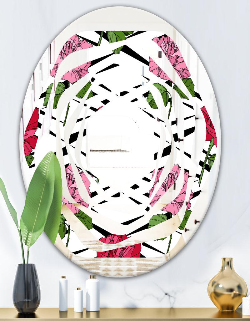 DesignQ Retro Pink And Red Roses - Cottage Round Or Oval Wall Mirror - Whirl