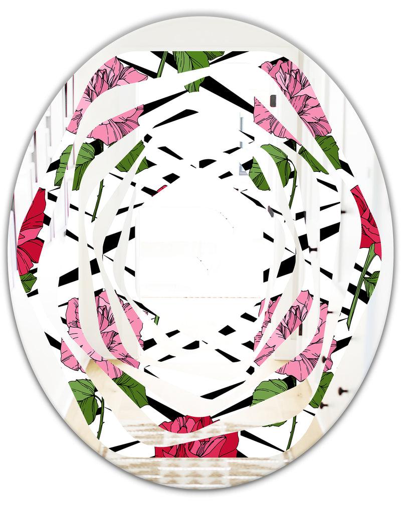 DesignQ Retro Pink And Red Roses - Cottage Round Or Oval Wall Mirror - Whirl