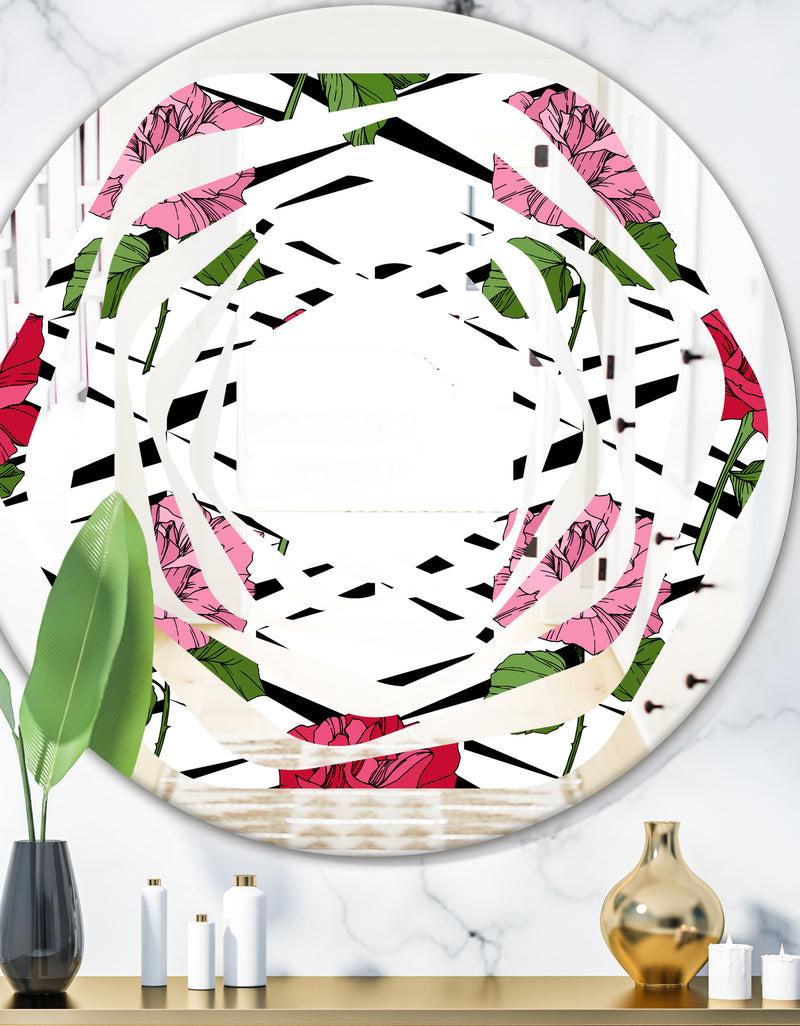DesignQ Retro Pink and Red Roses - Cottage Round or Oval Wall Mirror - Whirl