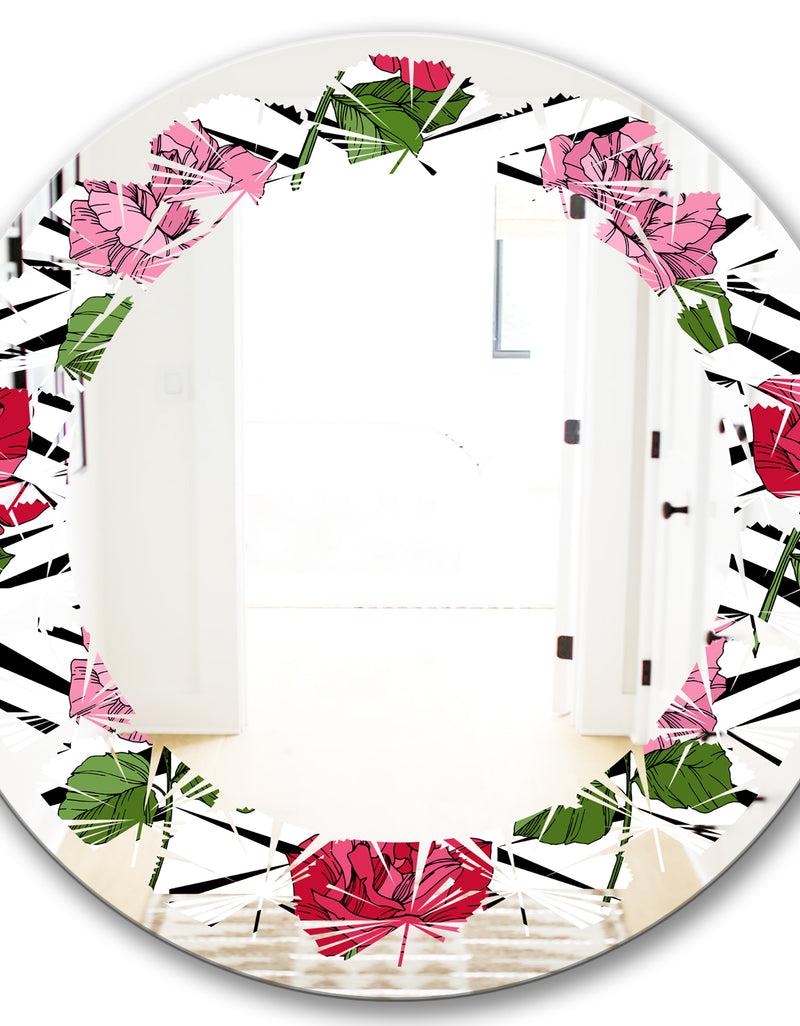 DesignQ Retro Pink And Red Roses - Cottage Round Or Oval Wall Mirror - Leaves