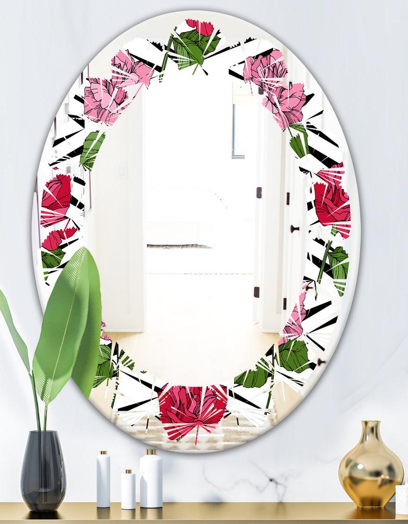 DesignQ Retro Pink And Red Roses - Cottage Round Or Oval Wall Mirror - Leaves
