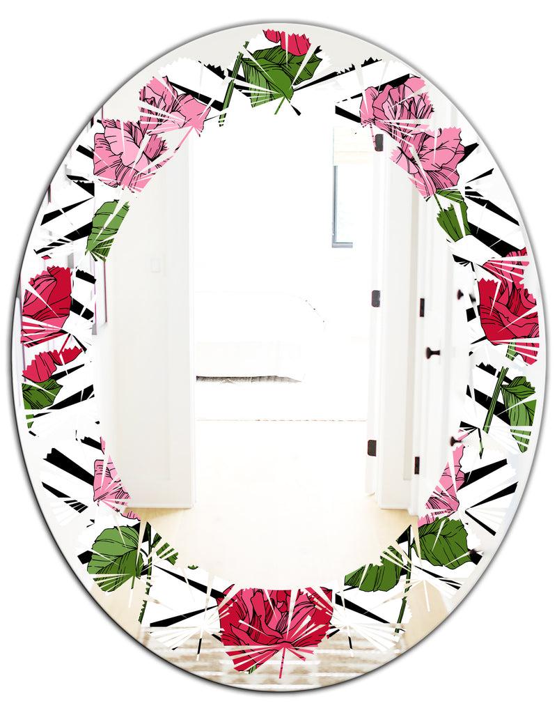 DesignQ Retro Pink And Red Roses - Cottage Round Or Oval Wall Mirror - Leaves