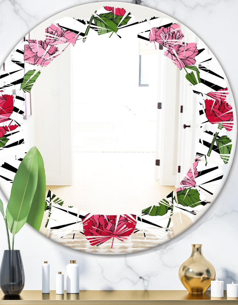 DesignQ Retro Pink and Red Roses - Cottage Round or Oval Wall Mirror - Leaves