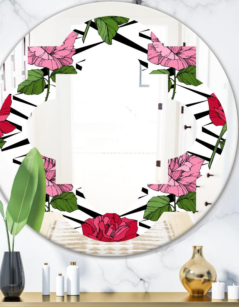 DesignQ Retro Pink and Red Roses - Cottage Round or Oval Wall Mirror - Quatrefoil