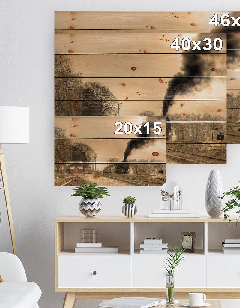 DesignQ Retro Steam Train - Vintage Print On Natural Pine Wood