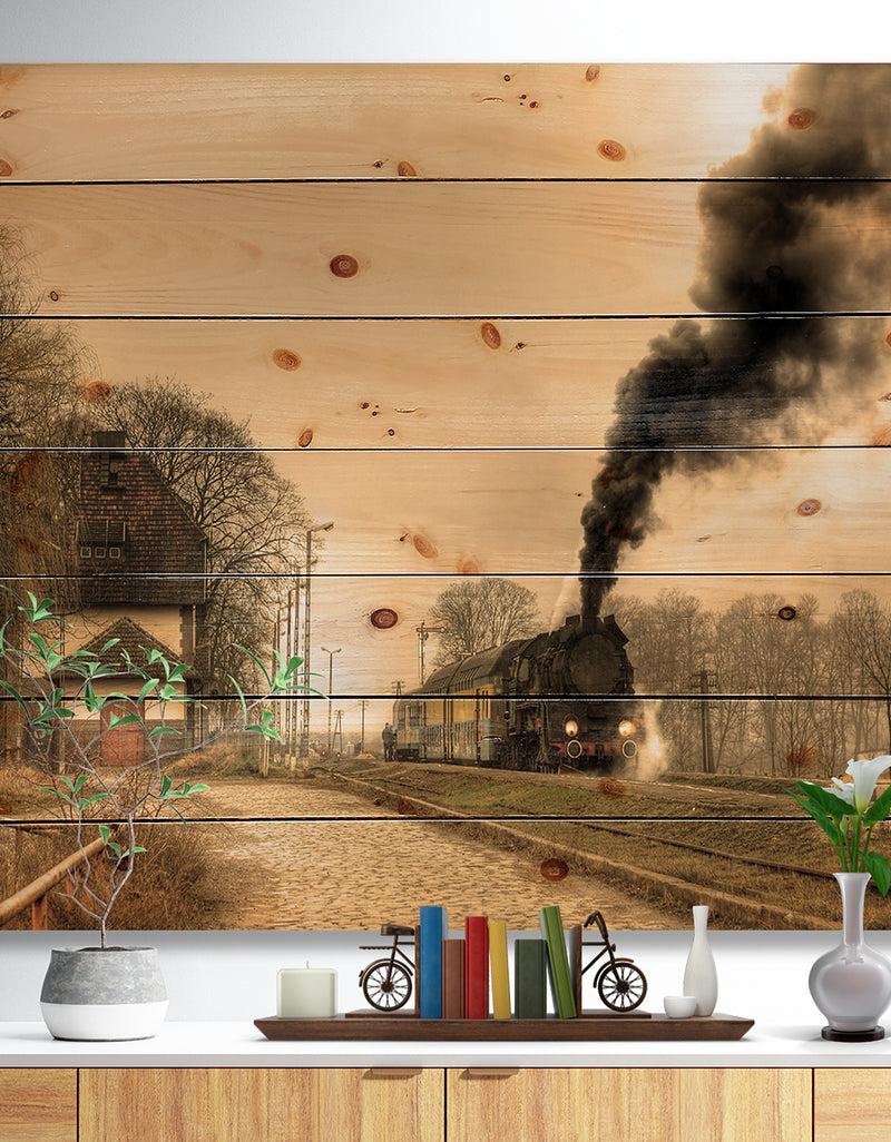 DesignQ Retro Steam Train - Vintage Print on Natural Pine Wood