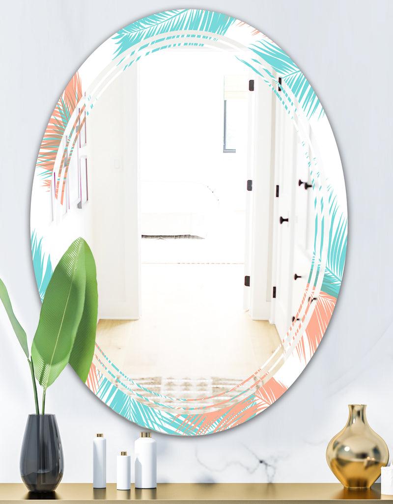 DesignQ Retro Tropical Foliage II - Modern Round Or Oval Wall Mirror - Triple C