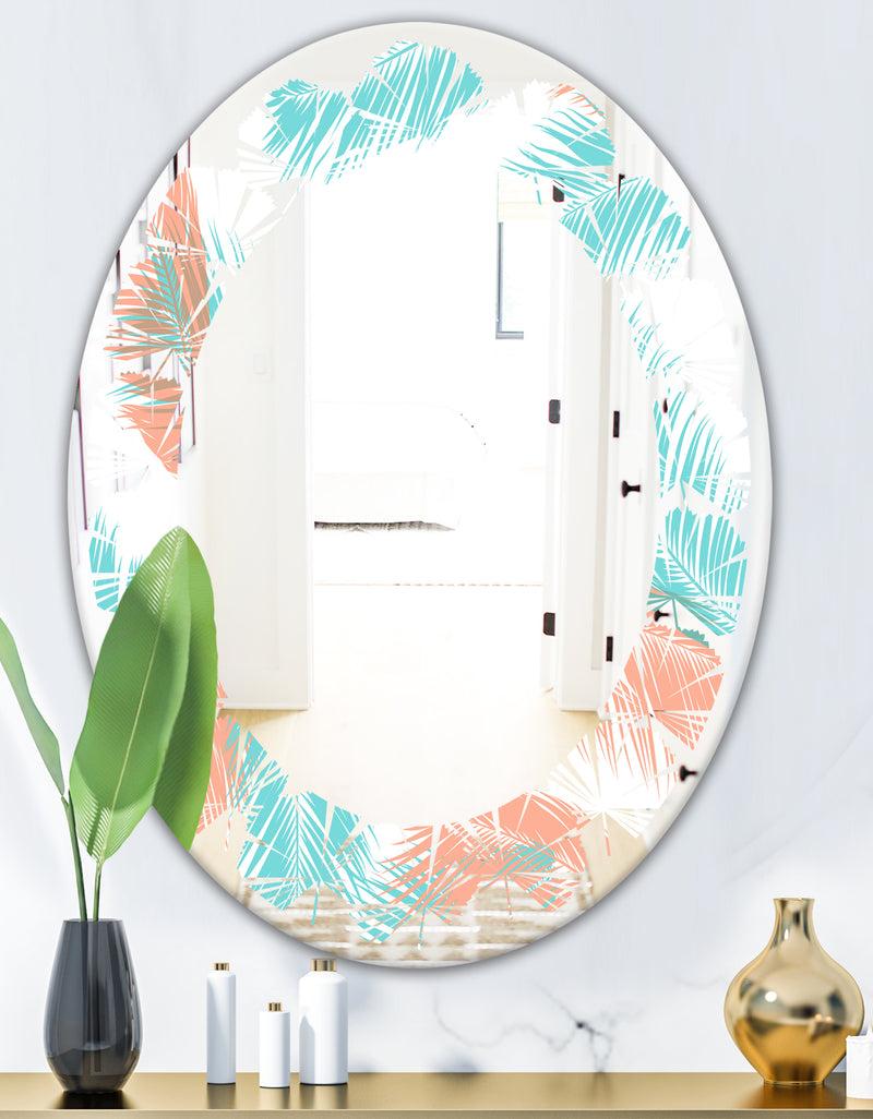 DesignQ Retro Tropical Foliage II - Modern Round Or Oval Wall Mirror - Leaves