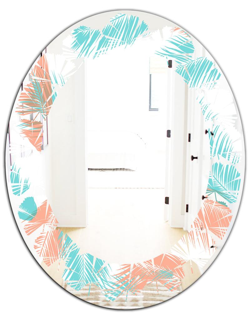 DesignQ Retro Tropical Foliage II - Modern Round Or Oval Wall Mirror - Leaves