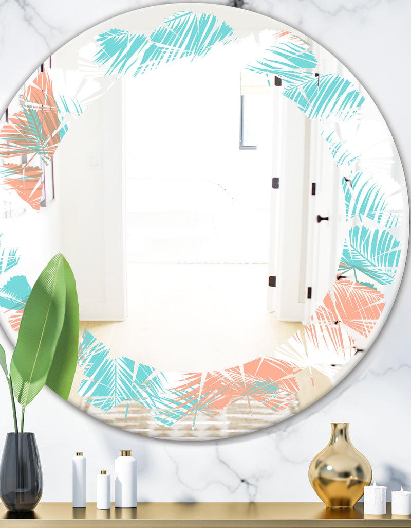 DesignQ Retro Tropical Foliage II - Modern Round or Oval Wall Mirror - Leaves