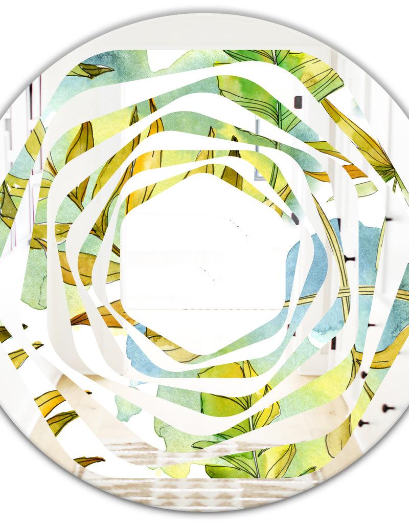DesignQ Retro Tropical Foliage - Modern Round Or Oval Wall Mirror - Whirl