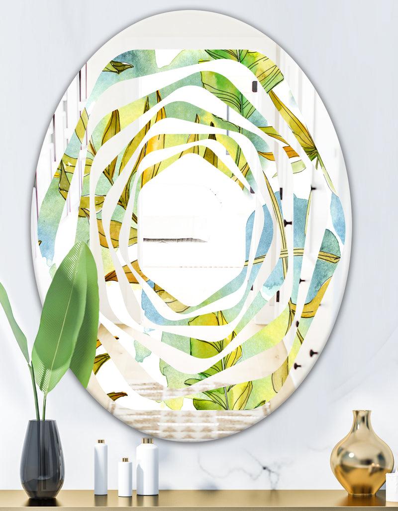 DesignQ Retro Tropical Foliage - Modern Round Or Oval Wall Mirror - Whirl