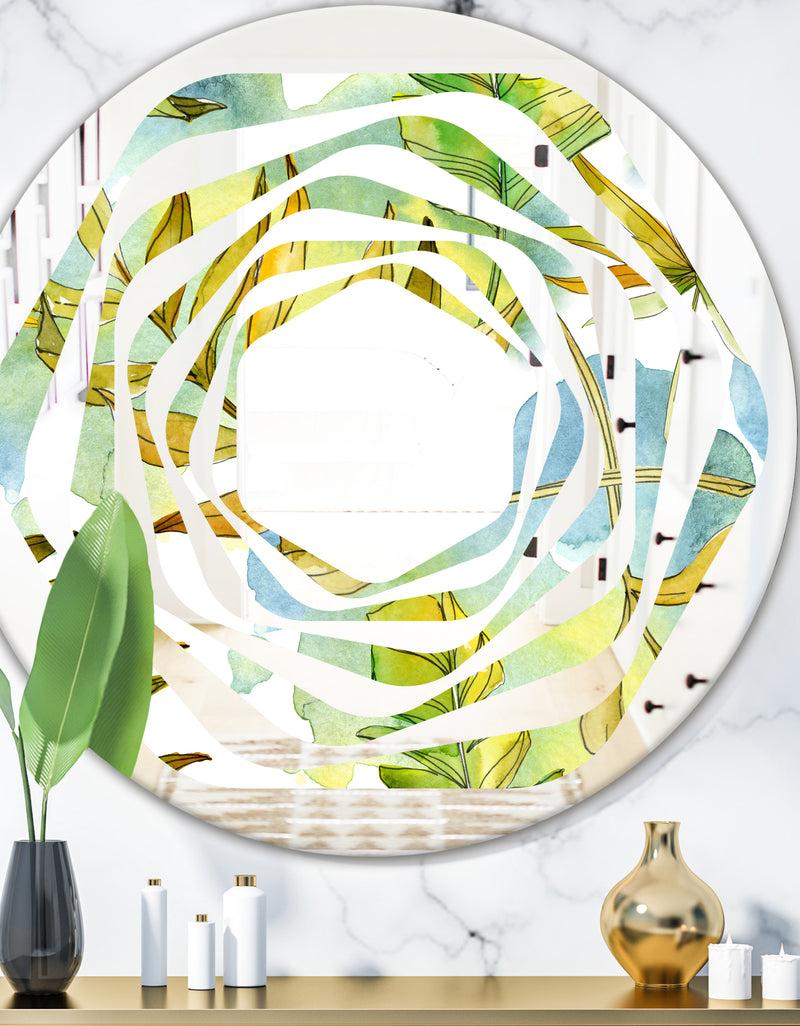 DesignQ Retro Tropical Foliage - Modern Round or Oval Wall Mirror - Whirl