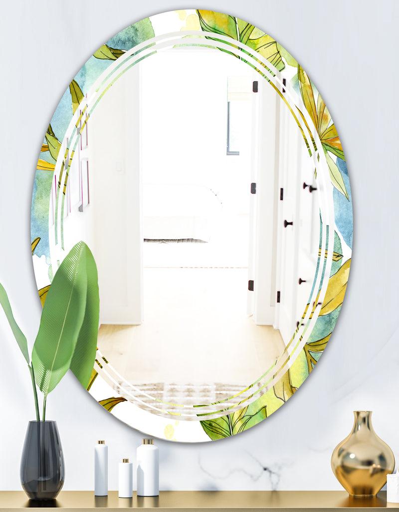 DesignQ Retro Tropical Foliage - Modern Round Or Oval Wall Mirror - Triple C