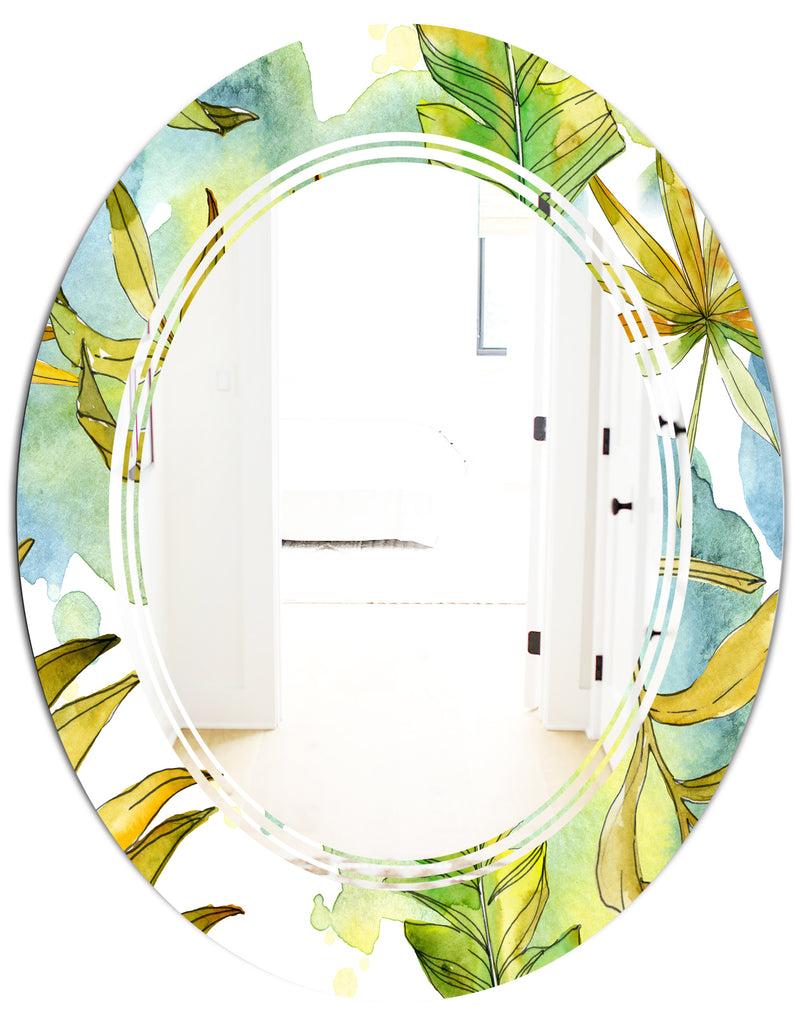 DesignQ Retro Tropical Foliage - Modern Round Or Oval Wall Mirror - Triple C