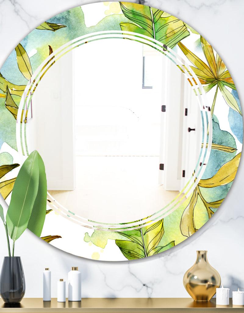 DesignQ Retro Tropical Foliage - Modern Round or Oval Wall Mirror - Triple C