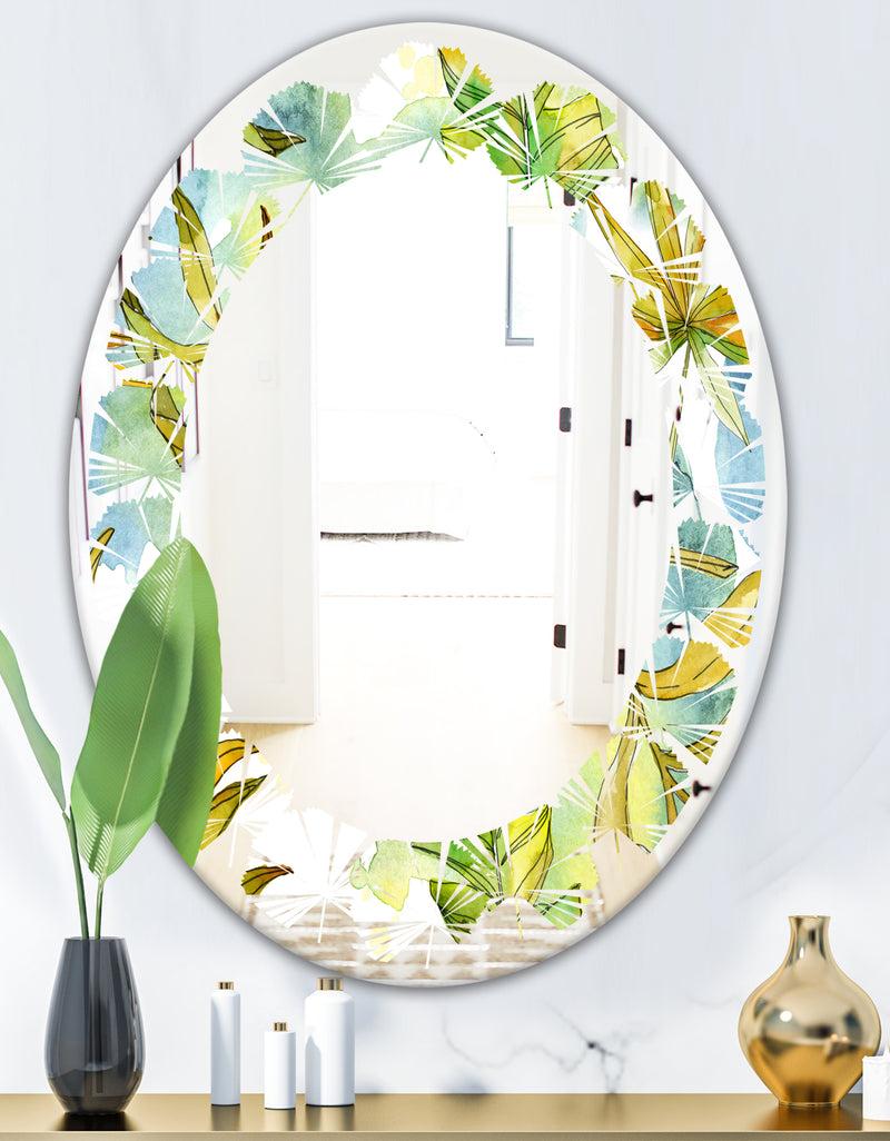 DesignQ Retro Tropical Foliage - Modern Round Or Oval Wall Mirror - Leaves