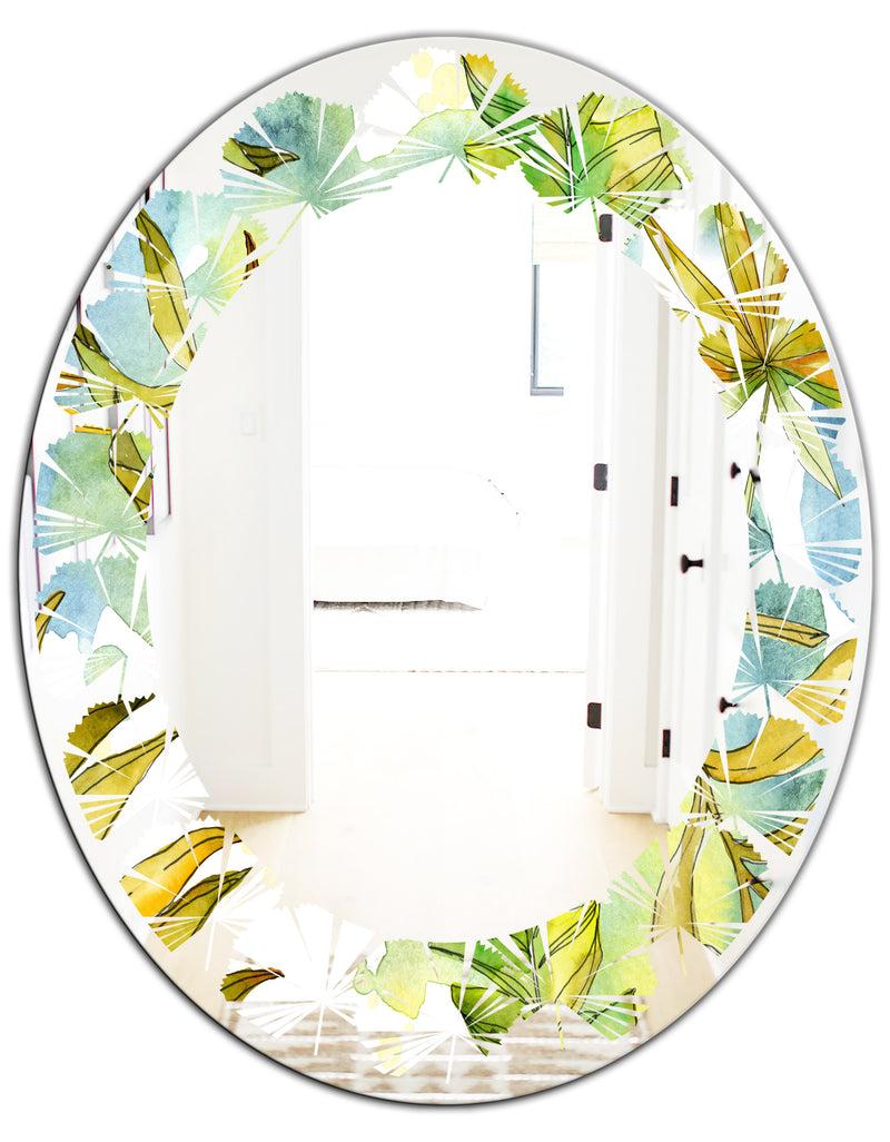 DesignQ Retro Tropical Foliage - Modern Round Or Oval Wall Mirror - Leaves