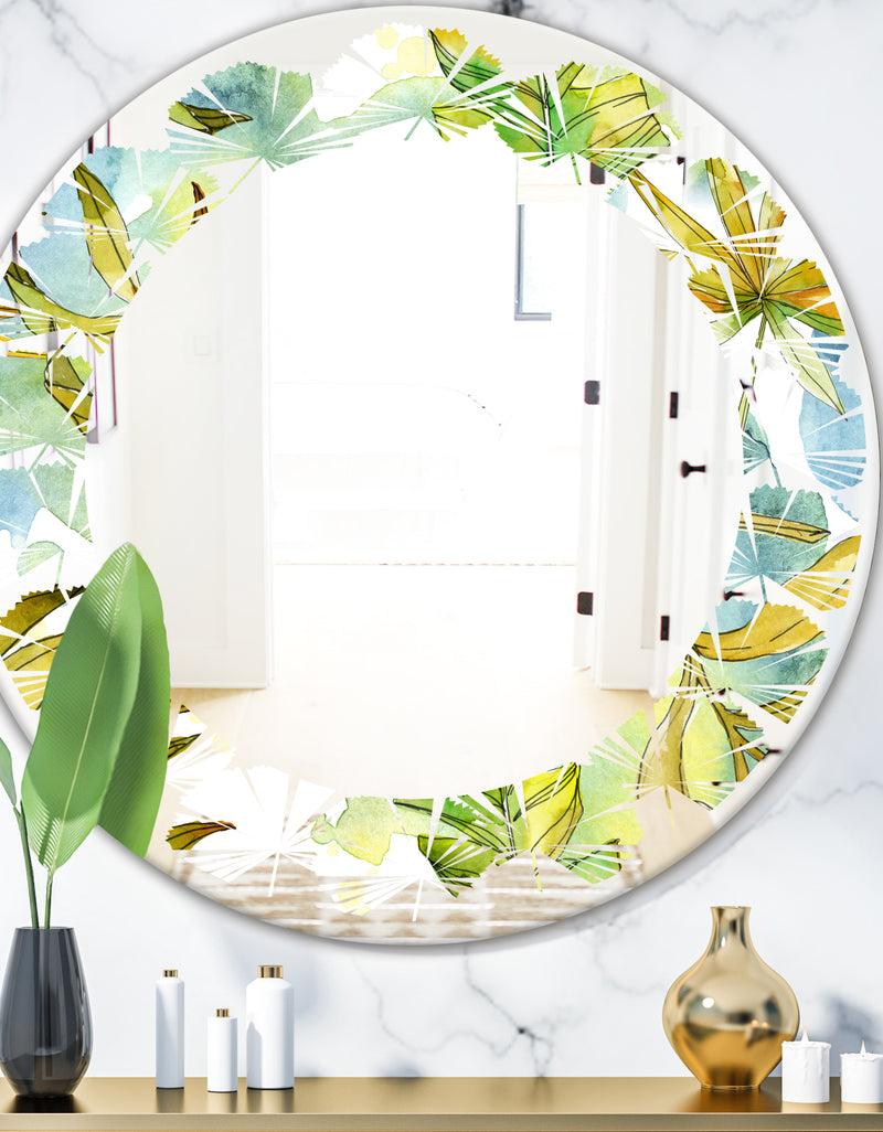 DesignQ Retro Tropical Foliage - Modern Round or Oval Wall Mirror - Leaves