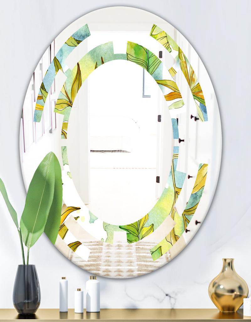 DesignQ Retro Tropical Foliage - Modern Round Or Oval Wall Mirror - Space