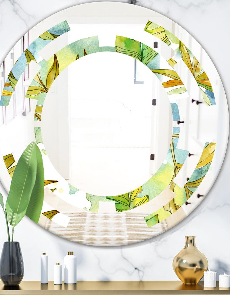 DesignQ Retro Tropical Foliage - Modern Round or Oval Wall Mirror - Space