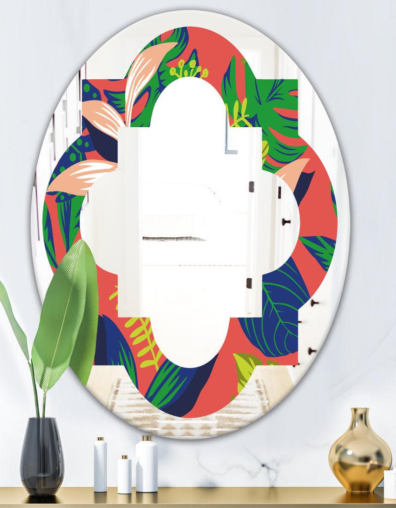 DesignQ Retro Tropical Leaves I - Modern Round Or Oval Wall Mirror - Quatrefoil