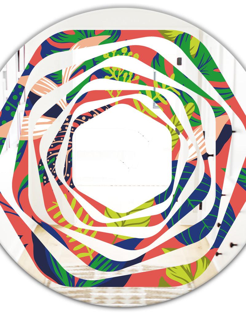 DesignQ Retro Tropical Leaves I - Modern Round Or Oval Wall Mirror - Whirl