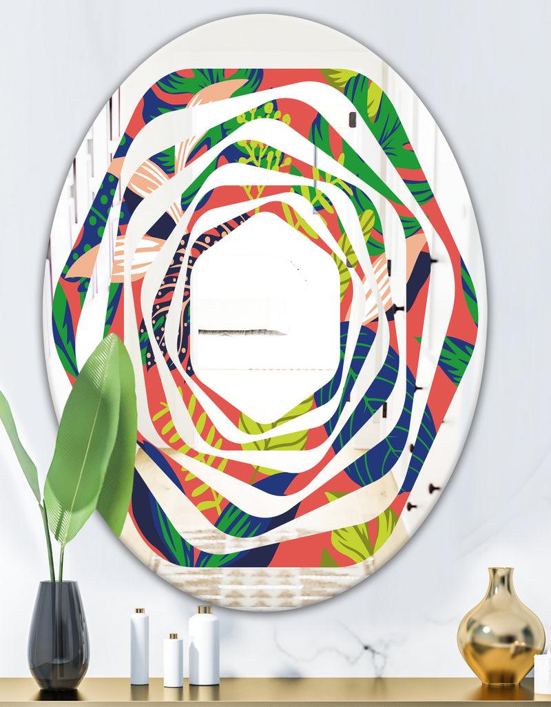 DesignQ Retro Tropical Leaves I - Modern Round Or Oval Wall Mirror - Whirl