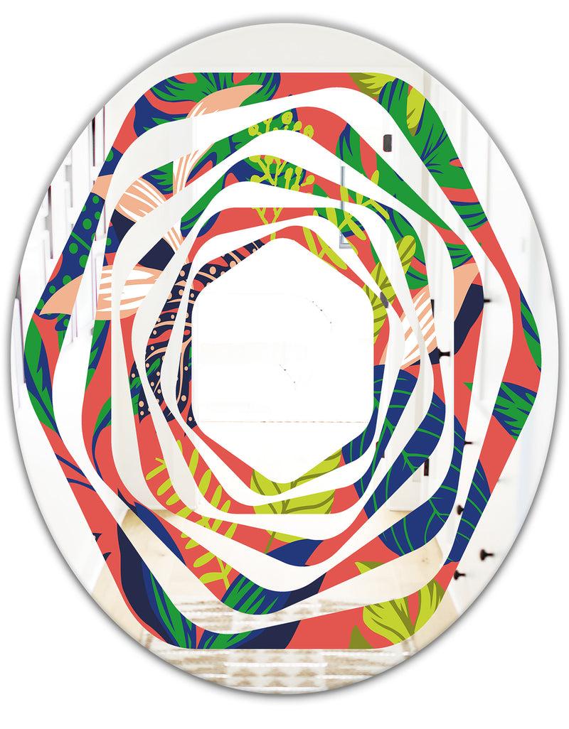 DesignQ Retro Tropical Leaves I - Modern Round Or Oval Wall Mirror - Whirl