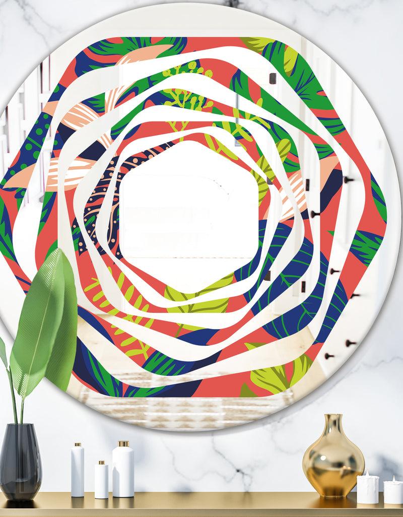 DesignQ Retro Tropical Leaves I - Modern Round or Oval Wall Mirror - Whirl
