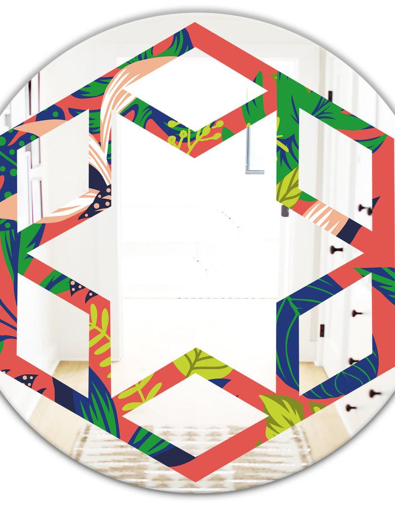 DesignQ Retro Tropical Leaves I - Modern Round Or Oval Wall Mirror - Hexagon Star