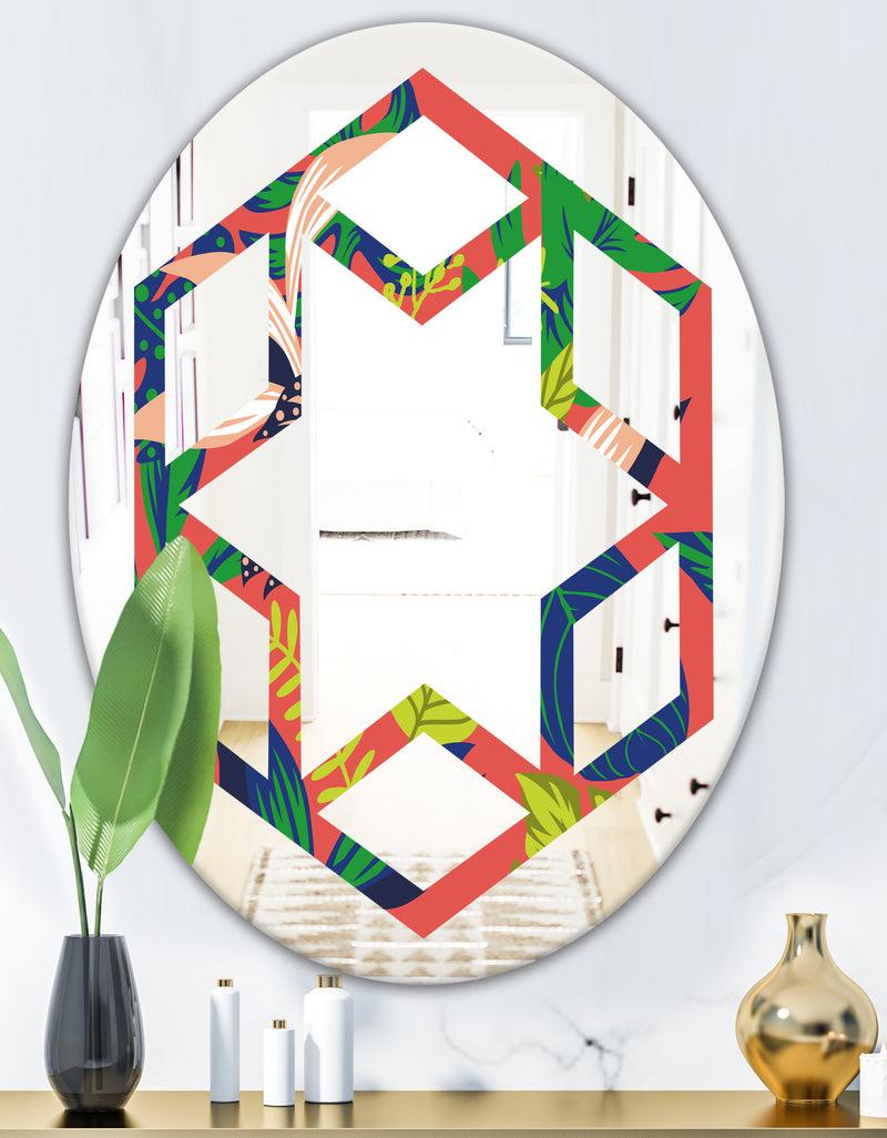 DesignQ Retro Tropical Leaves I - Modern Round Or Oval Wall Mirror - Hexagon Star