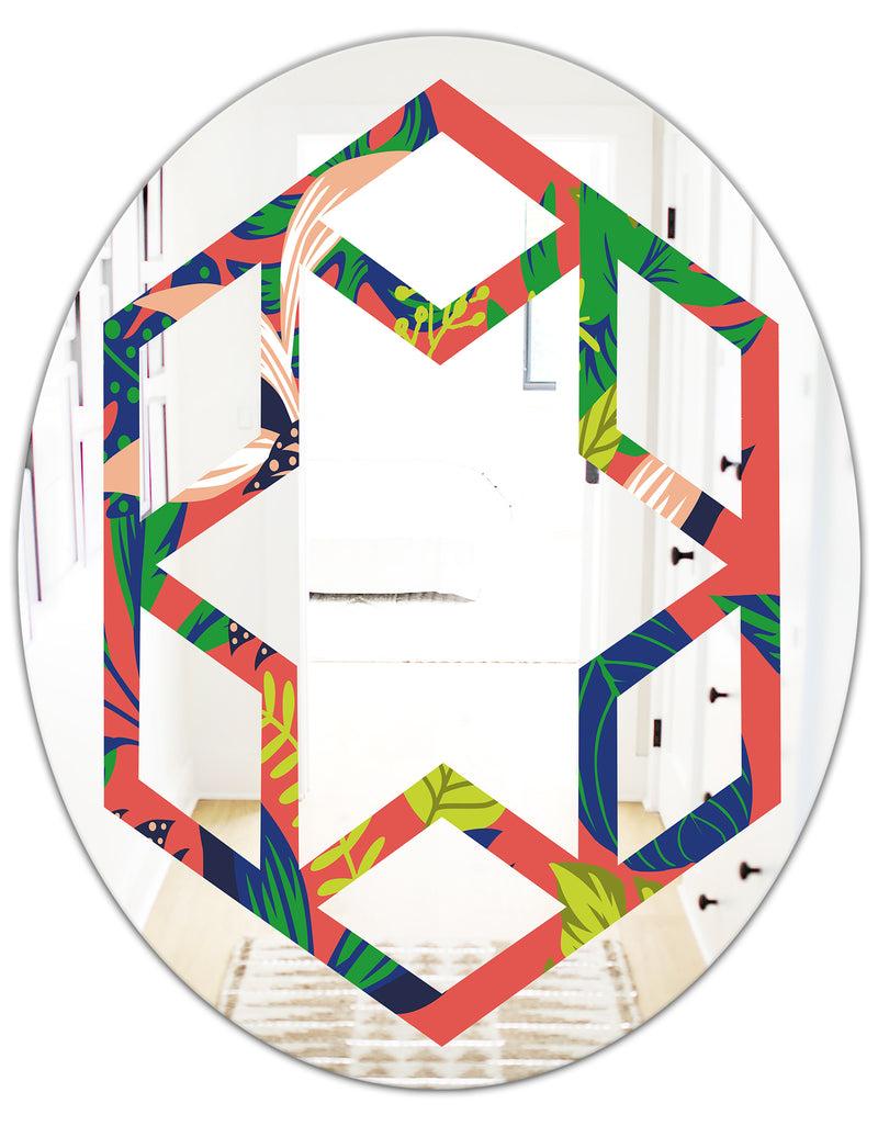 DesignQ Retro Tropical Leaves I - Modern Round Or Oval Wall Mirror - Hexagon Star