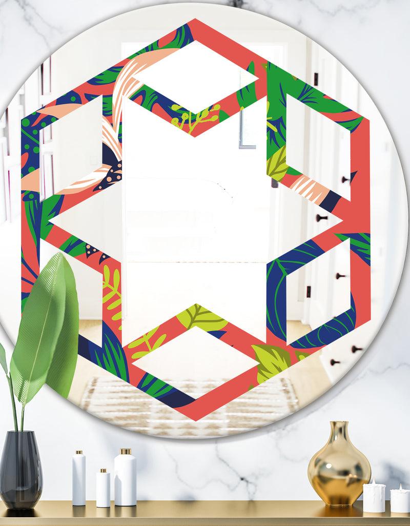 DesignQ Retro Tropical Leaves I - Modern Round or Oval Wall Mirror - Hexagon Star