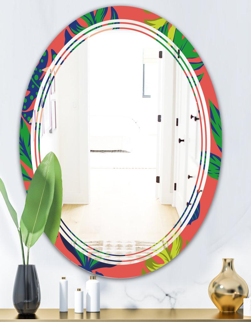 DesignQ Retro Tropical Leaves I - Modern Round Or Oval Wall Mirror - Triple C
