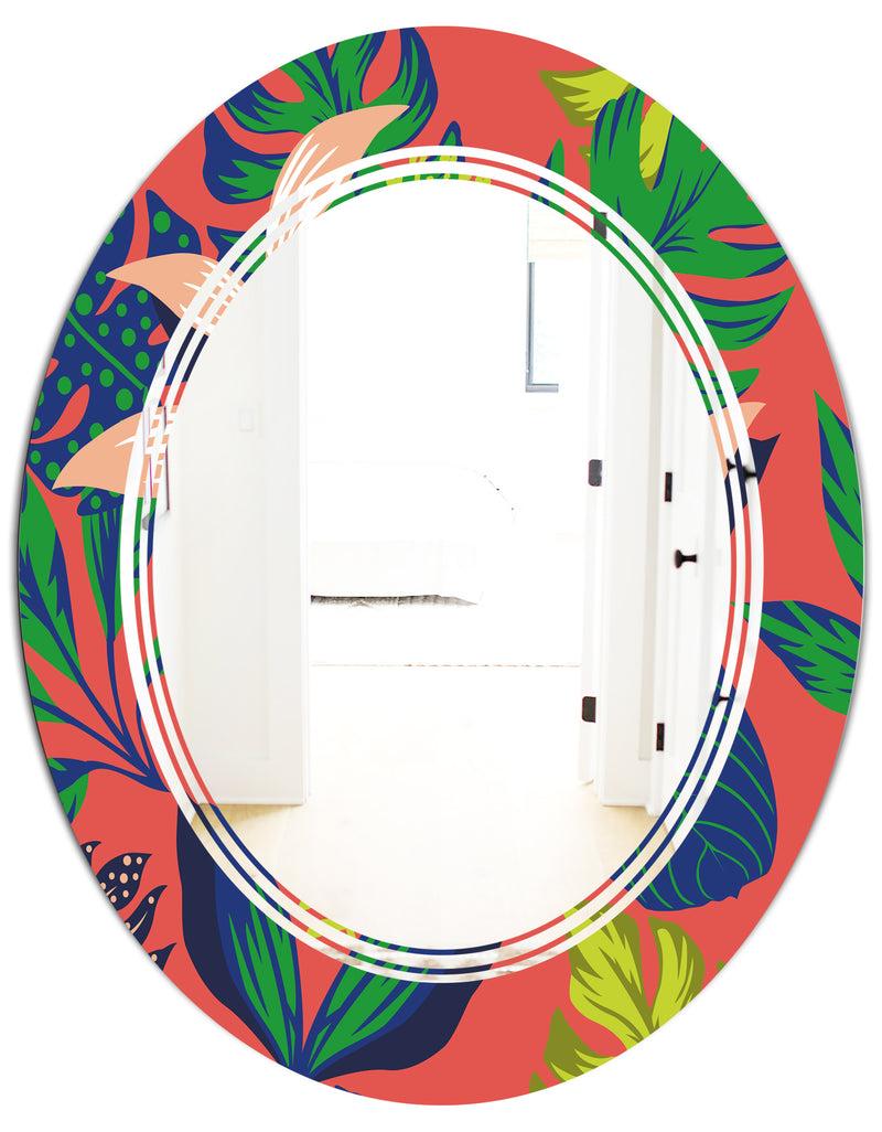 DesignQ Retro Tropical Leaves I - Modern Round Or Oval Wall Mirror - Triple C
