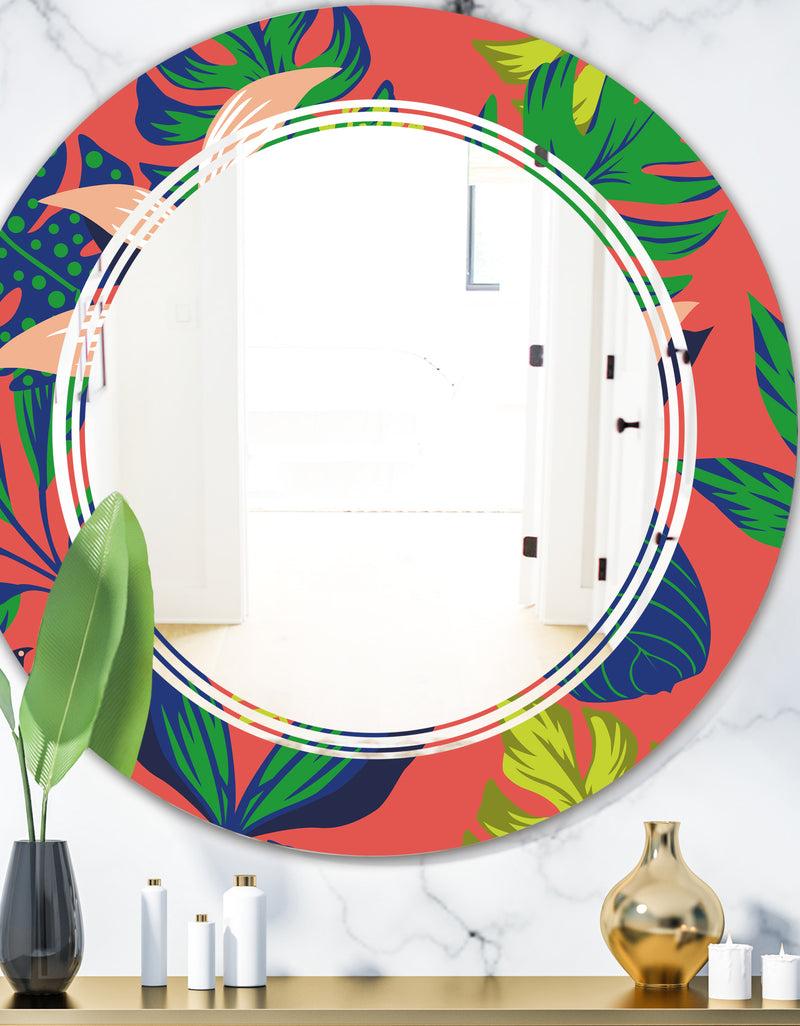 DesignQ Retro Tropical Leaves I - Modern Round or Oval Wall Mirror - Triple C